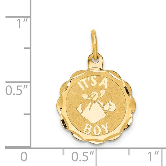 14k Polished IT’S A BOY Scalloped 16mm Engravable Disc Charm