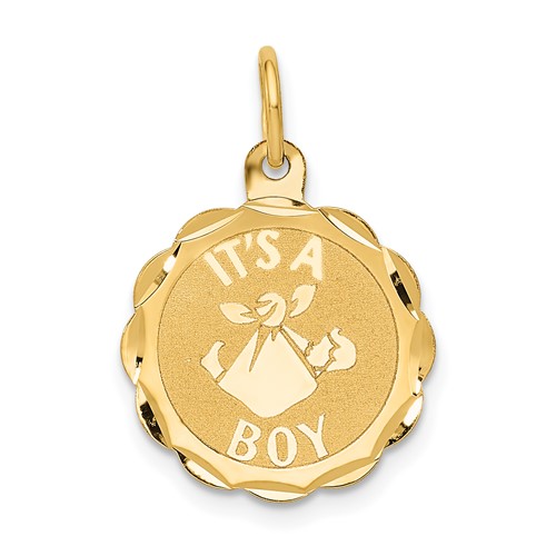 14K Yellow Gold Polished It's a Boy Scalloped 16mm Engravable Disc Charm