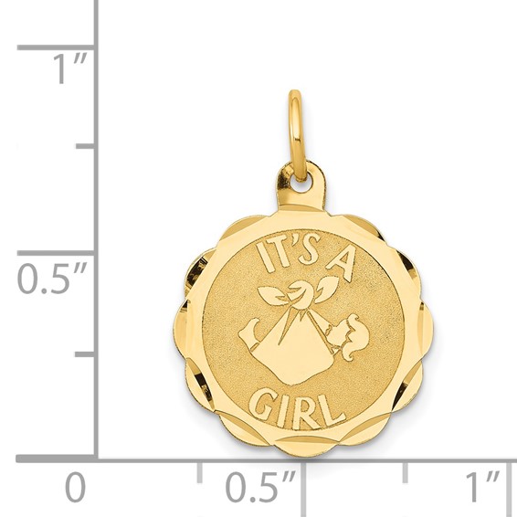 14k Polished IT’S A GIRL Scalloped 16mm Engravable Disc Charm