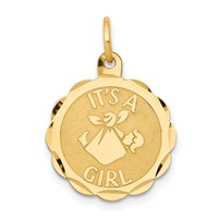 14K Yellow Gold Polished It's a Girl Scalloped 16mm Engravable Disc Charm view 1