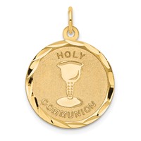 14K Yellow Gold Polished and Satin Solid Holy Communion Diamond-cut Edge Round Disc Pendant view 1