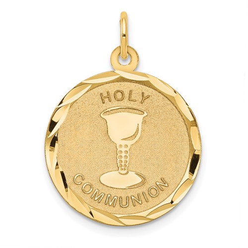 14K Yellow Gold Polished and Satin Solid Holy Communion Diamond-cut Edge Round Disc Pendant