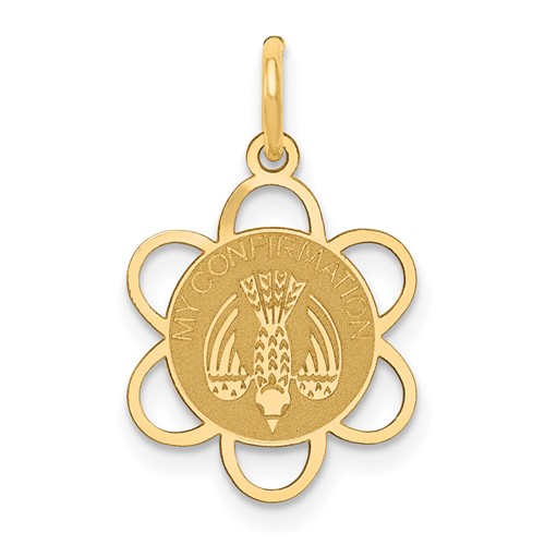 14K Yellow Gold Polished MY Confirmation Charm with Dove Scalloped Edge Round