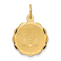 14K Yellow Gold Polished and Satin Solid MY Confirmation Pendant with Dove Scalloped Edge Round Disc view 1