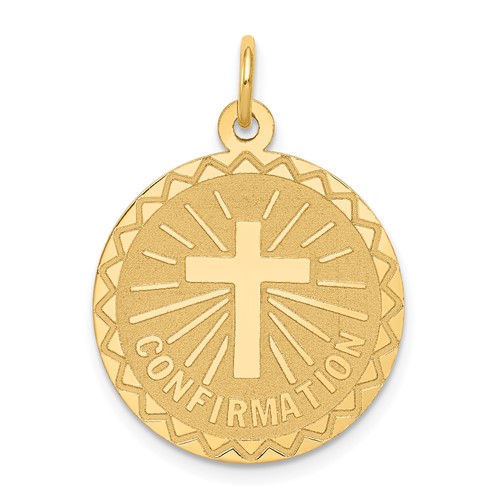 14K Yellow Gold Polished and Satin Solid Confirmation Charm with Cross Round Disc