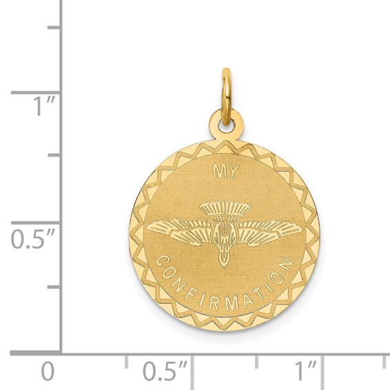 14k Polished and Satin Solid MY CONFIRMATION with Dove Round Disc Pendant
