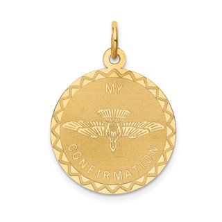 14k Polished and Satin Solid MY CONFIRMATION with Dove Round Disc Pendant