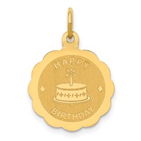 14K Yellow Gold Polished Satin Happy Birthday Charm with Cake 14mm Engravable Disc view 1