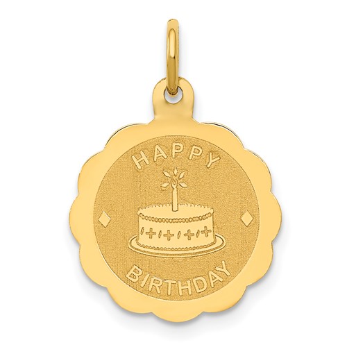 14K Yellow Gold Polished Satin Happy Birthday Charm with Cake 14mm Engravable Disc