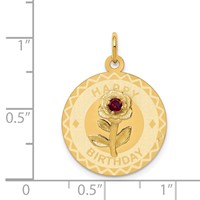 14K Yellow Gold Happy Birthday Charm with Red CZ Flower 19mm Engravable Disc view 4