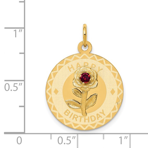 14k HAPPY BIRTHDAY with Red CZ Flower 19mm Engravable Disc Charm