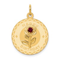 14K Yellow Gold Happy Birthday Charm with Red CZ Flower 19mm Engravable Disc view 1