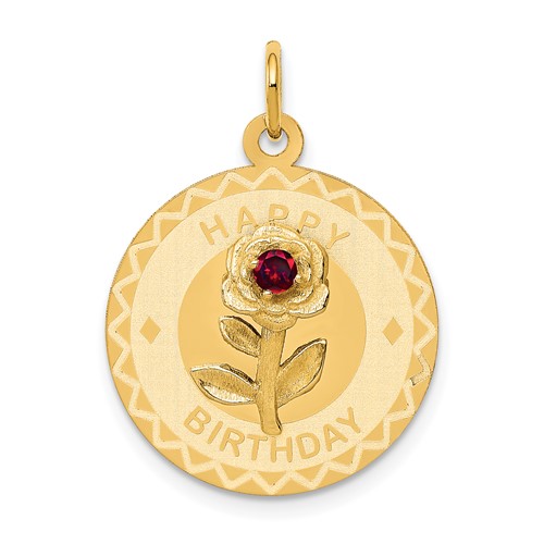 14K Yellow Gold Happy Birthday Charm with Red CZ Flower 19mm Engravable Disc