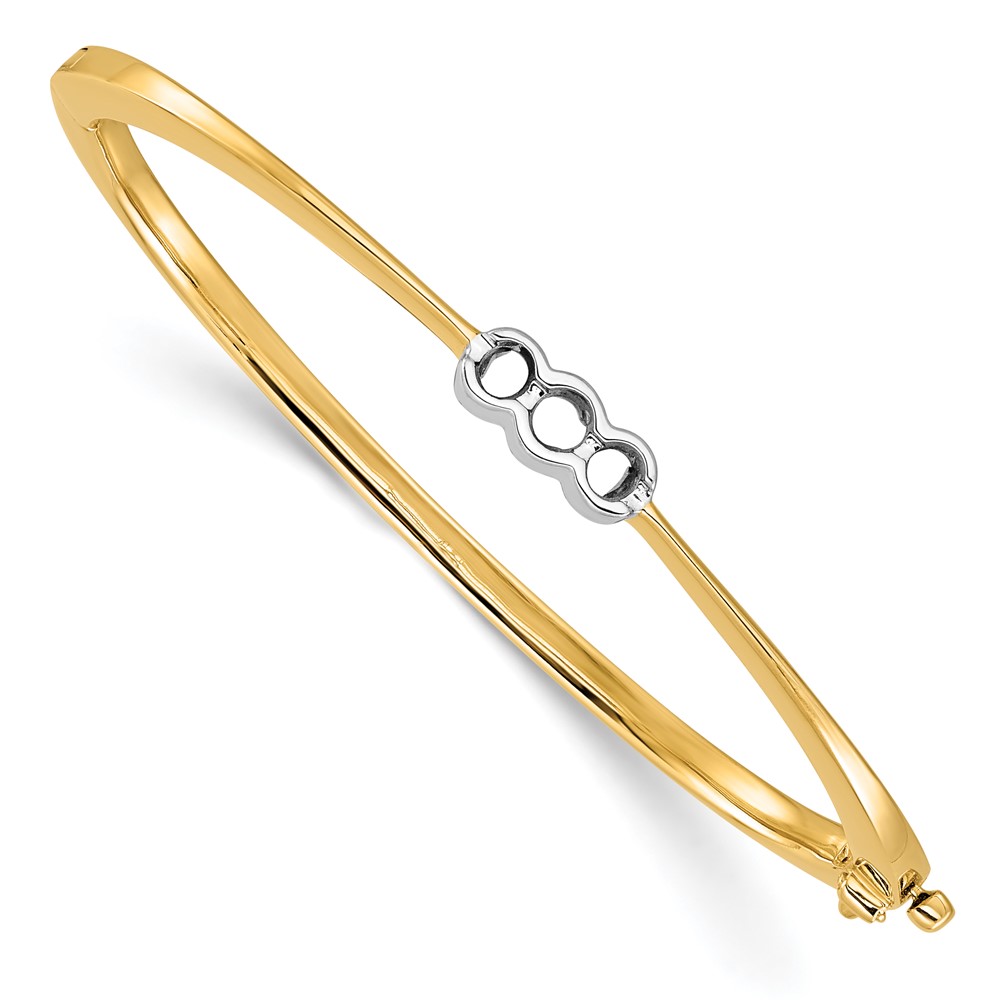 14K Two-tone Holds 0.50 Carat 1-3.8mm and 2-3.4mm Round Stones Hinged Oval Bangle Bracelet Mounting