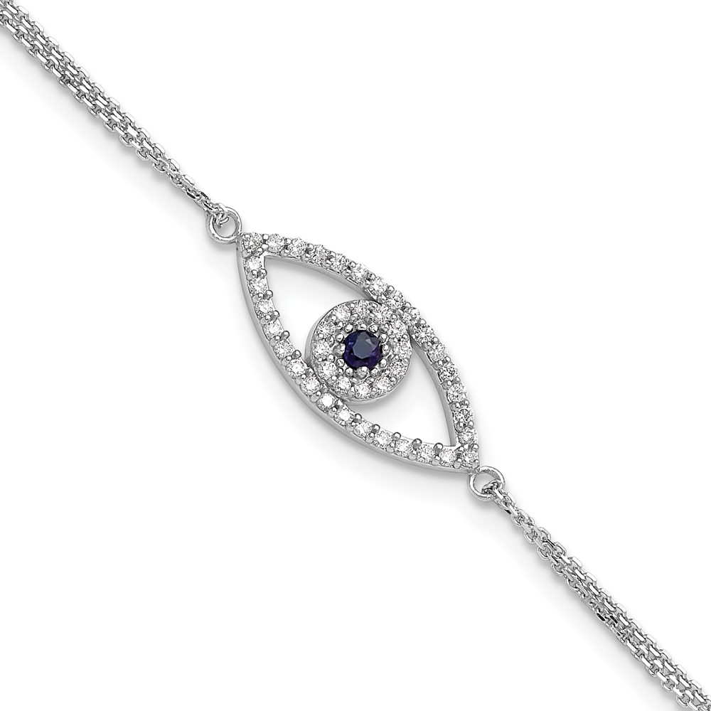14K White Gold Complete a Diamond and Sapphire Evil Eye 2-Strand Bracelet with 1 Inch Extender, 7"