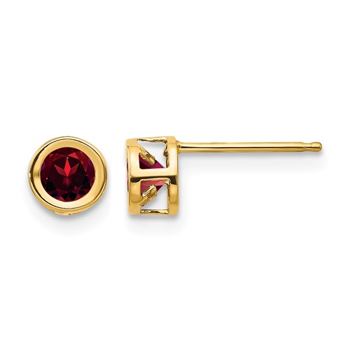 14K 4mm Yellow Gold Round Bezel January Garnet Post Earrings