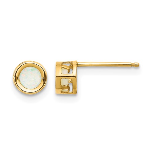 14K 4mm Yellow Gold Round Bezel October Opal Post Earrings