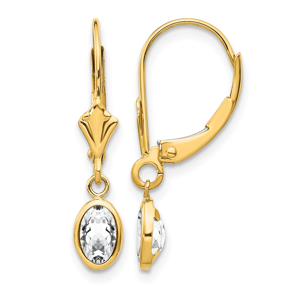 14K Yellow Gold 6x 4 Oval Bezel April White Topaz Leverback Earrings