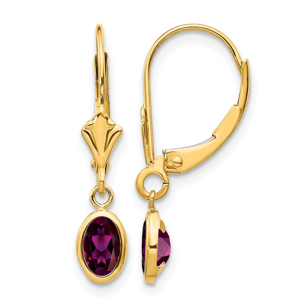 14K Yellow Gold 6x 4 Oval Bezel June Rhodolite Garnet Leverback Earrings