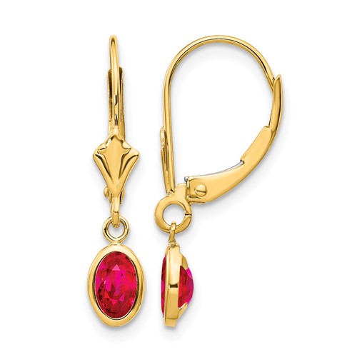 14K Yellow Gold 6x 4 Oval Bezel July Ruby Leverback Earrings