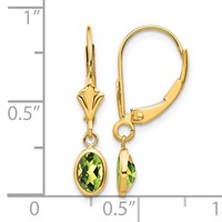 14K Yellow Gold 6x 4 Oval Bezel August Peridot Leverback Earrings view 4