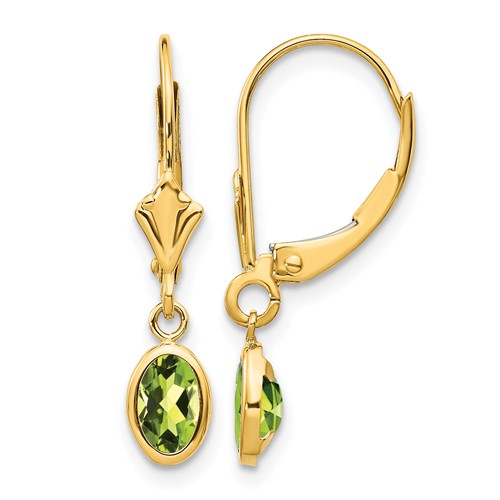 14K Yellow Gold 6x 4 Oval Bezel August Peridot Leverback Earrings