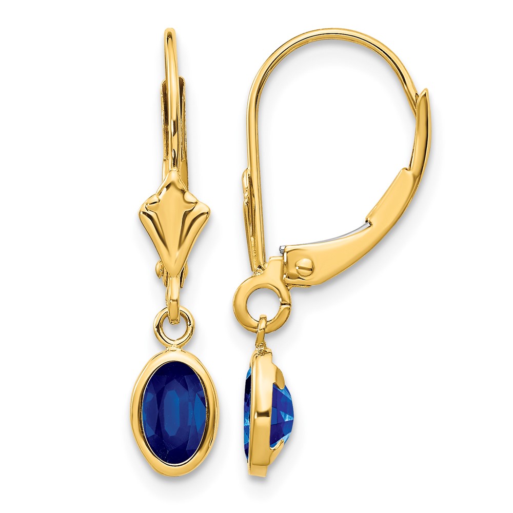 14K Yellow Gold 6x4 Oval Bezel September Sapphire Leverback Earrings