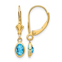 14K Yellow Gold 6x 4 Oval Bezel December Blue Topaz Leverback Earrings view 1