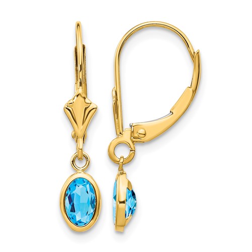 14K Yellow Gold 6x 4 Oval Bezel December Blue Topaz Leverback Earrings