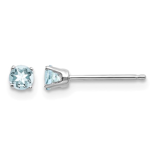 14K White Gold 3mm Round March Aquamarine Stud Earrings