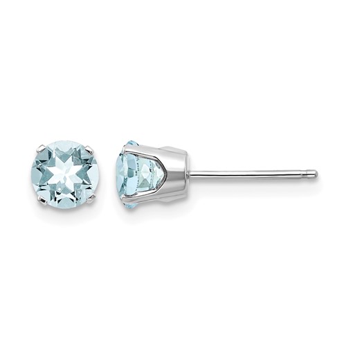 14K White Gold 5mm Round March Aquamarine Stud Earrings