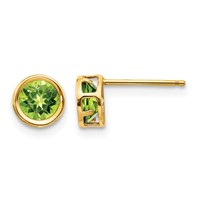 14K 5mm Yellow Gold Round Bezel August Peridot Post Earrings view 1