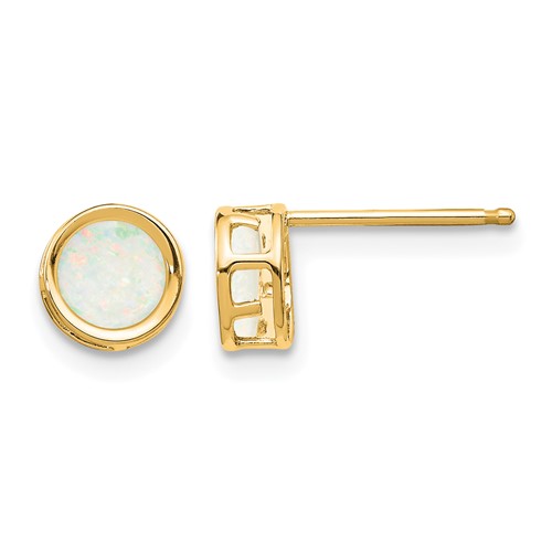 14K 5mm Yellow Gold Round Bezel October Opal Post Earrings