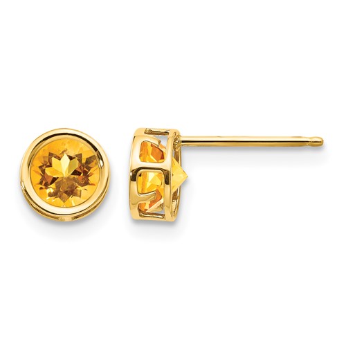 14K 5mm Yellow Gold Round Bezel November Citrine Post Earrings