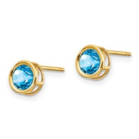 14K 5mm Yellow Gold Round Bezel December Blue Topaz Post Earrings view 2