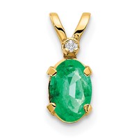 14K Yellow Gold Diamond and 6x 4 Oval May Emerald Birthstone Pendant view 1