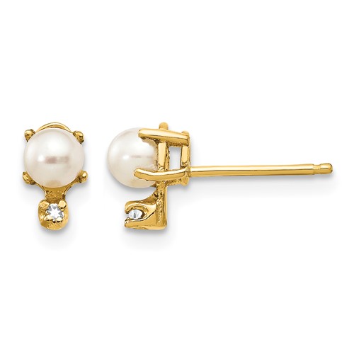 14K Yellow Gold Diamond and 3.5mm June Freshwater Cultured Pearl Birthstone Earrings