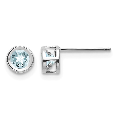 14K White Gold 4mm Round Bezel March Aquamarine Post Earrings
