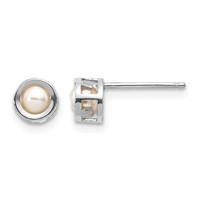 14K White Gold 4mm Round Bezel June Freshwater Cultured Pearl Post Earrings view 1