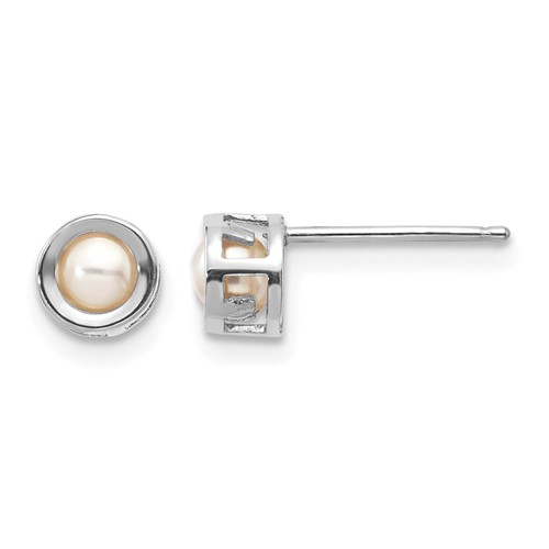 14K White Gold 4mm Round Bezel June Freshwater Cultured Pearl Post Earrings