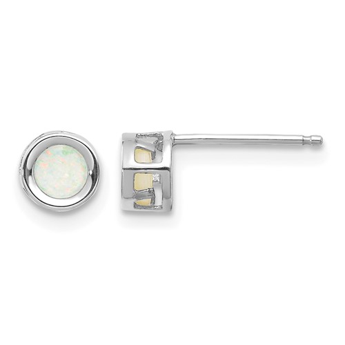 14K White Gold 4mm Round Bezel October Opal Post Earrings