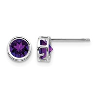 14K White Gold 5mm Round Bezel February Amethyst Post Earrings view 1