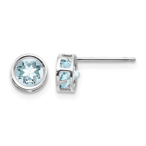 14K White Gold 5mm Round Bezel March Aquamarine Post Earrings