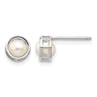 14K White Gold 4.5mm Round Bezel June Freshwater Cultured Pearl Post Earrings view 1