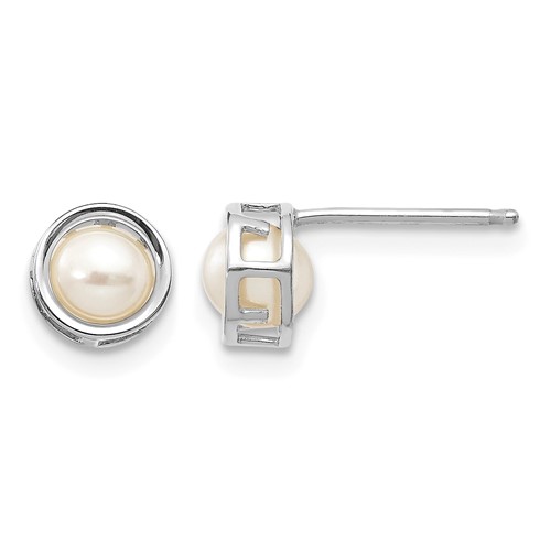 14K White Gold 4.5mm Round Bezel June Freshwater Cultured Pearl Post Earrings