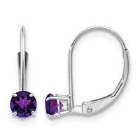14K White Gold 4mm Round February Amethyst Leverback Earrings view 1