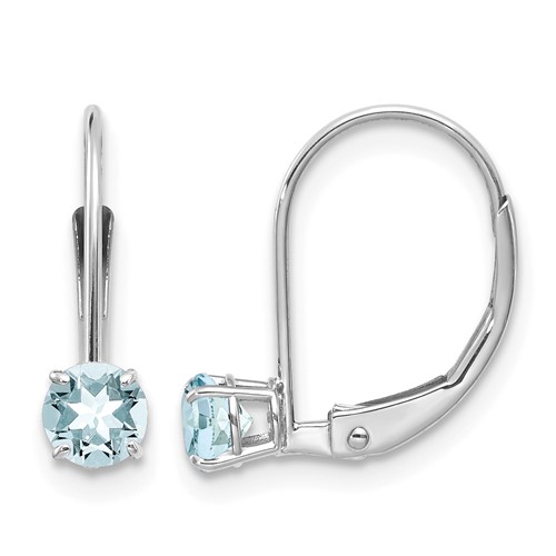 14K White Gold 4mm Round March Aquamarine Leverback Earrings