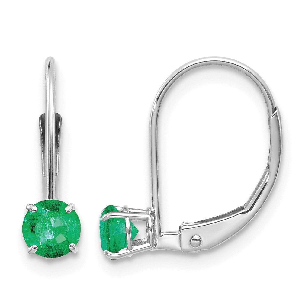 14K White Gold 4mm Round May Emerald Leverback Earrings
