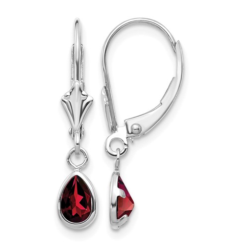 14K White Gold 6x 4 Pear Bezel January Garnet Leverback Earrings