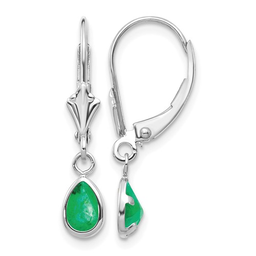 14K White Gold 6x 4 Pear Bezel May Emerald Leverback Earrings
